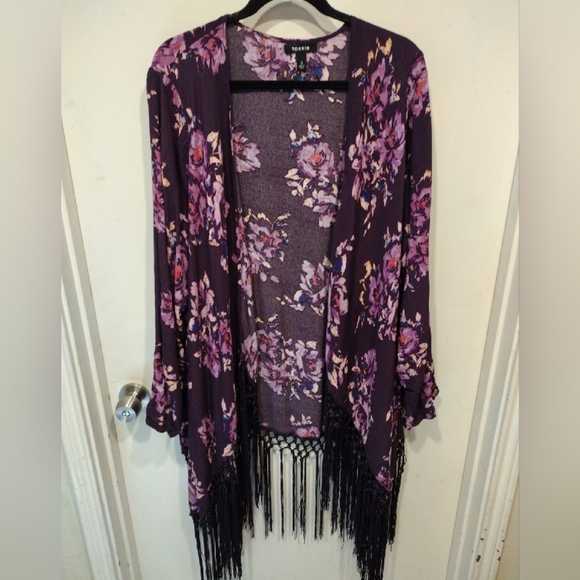 torrid Jackets & Blazers - Torrid Dark Purple Floral Fringe Hem Kimono Cardigan Cover Up Sz 3X Boho Gothic